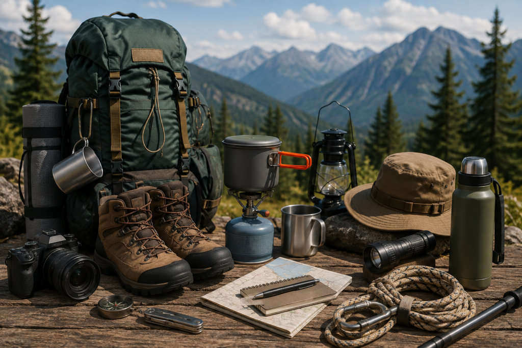 Peralatan aktiviti luar — beg galas, kasut hiking, dapur camping, lampu, kompas dan peta di kaki gunung